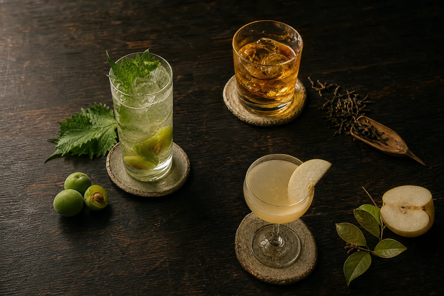 木のカウンターに並ぶ季節のカクテル3杯