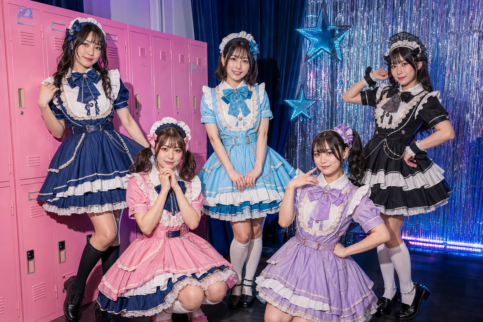 色違いのメイドアイドル衣装を着た成人女性キャスト5名