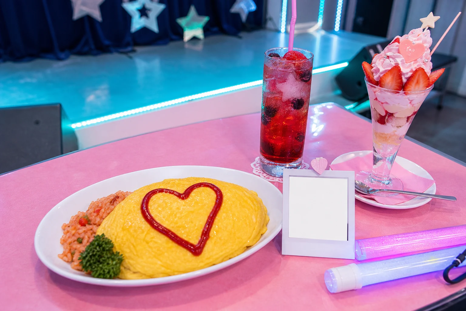 ハートのオムライス、ベリーソーダ、パフェ、チェキ台紙