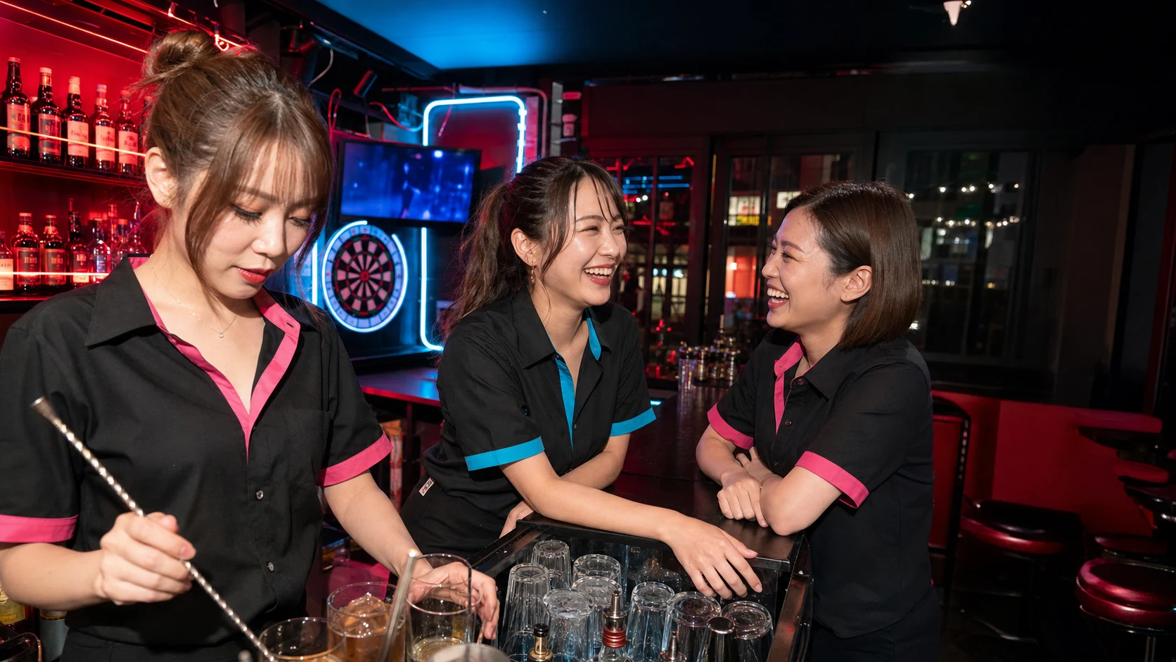 赤と青の照明のバーで営業準備をする成人女性スタッフ3名